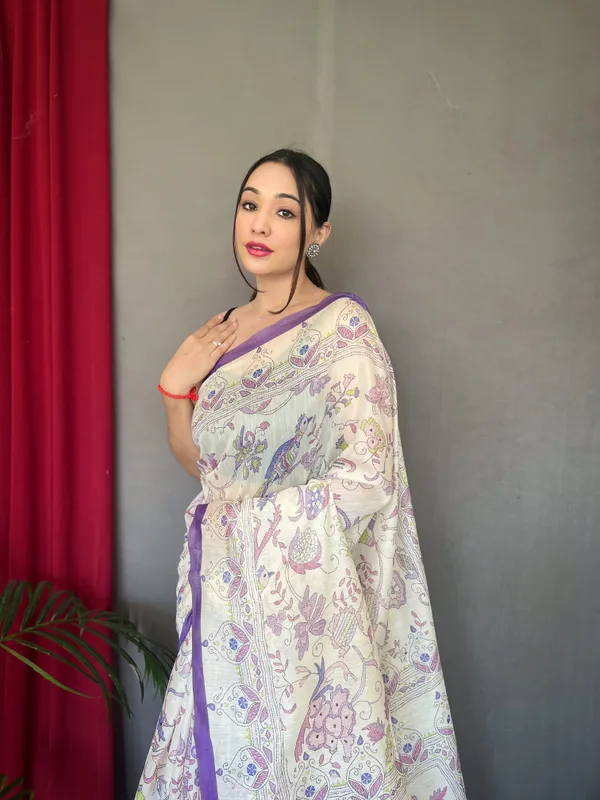 white_&_Purple_Pure_Malai_Cotton_Sarees_With_Katha_Print_Work_With_Blouse_Piece_Attached
